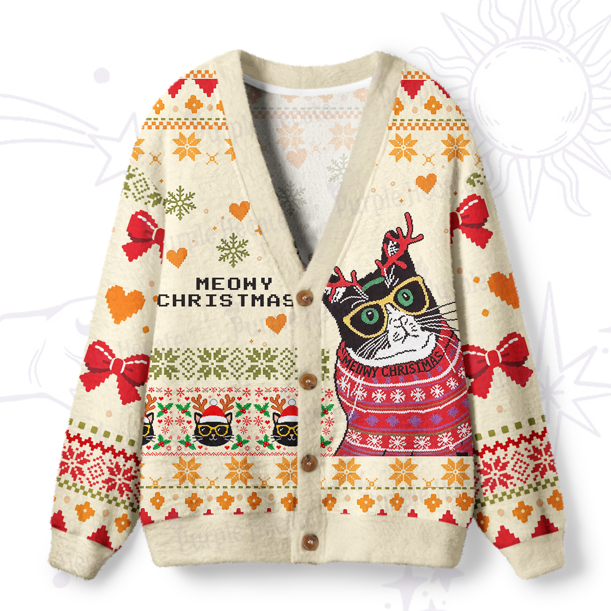 Purplehecate Meowy Christmas Symphony Ugly Cardigan Sweaters