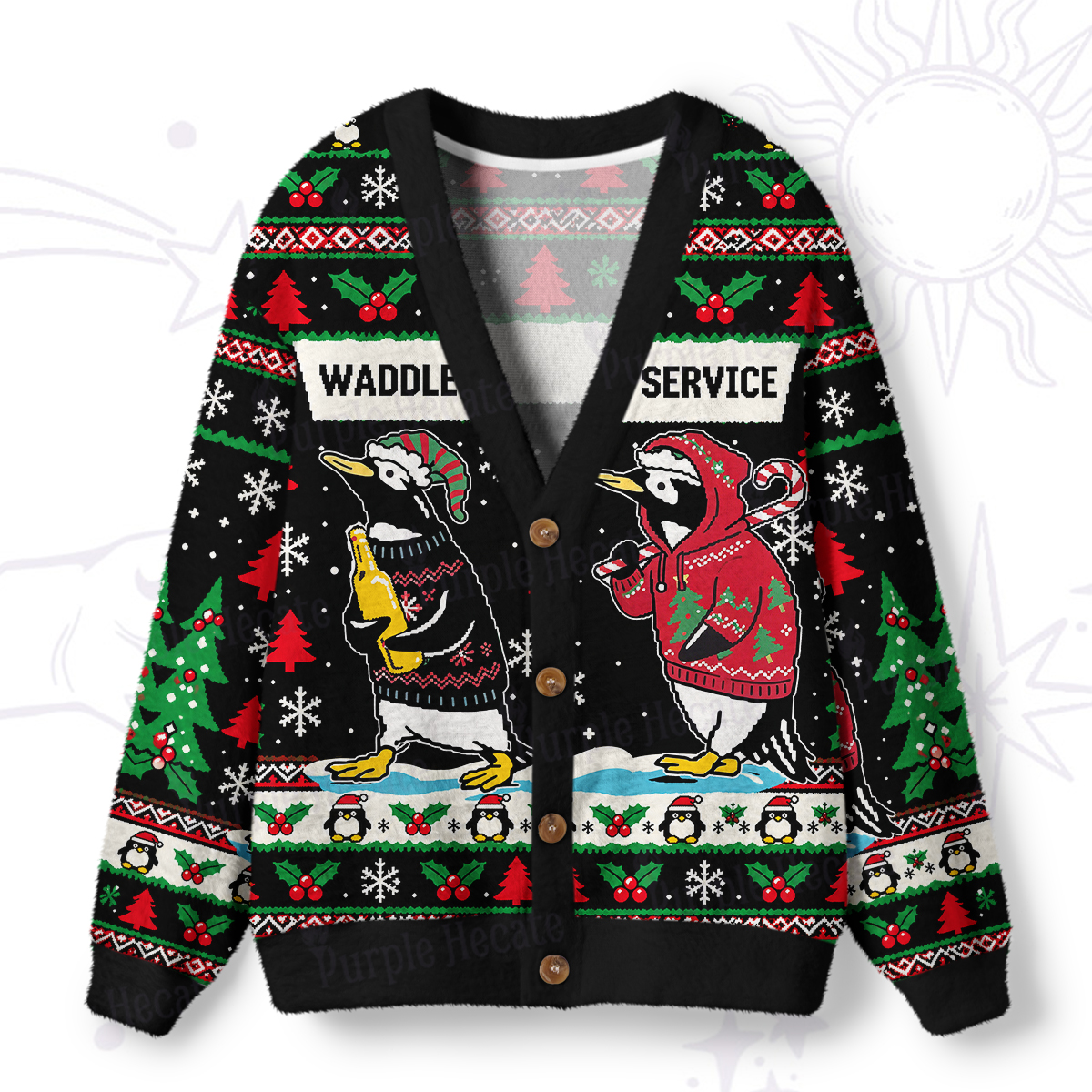 Purplehecate Tipsy Penguin Waddle Service Christmas Ugly Cardigan Sweaters