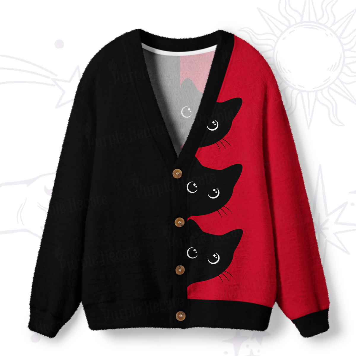 Purplehecate Three Peekaboo Black Cats Ugly Cardigan Sweaters