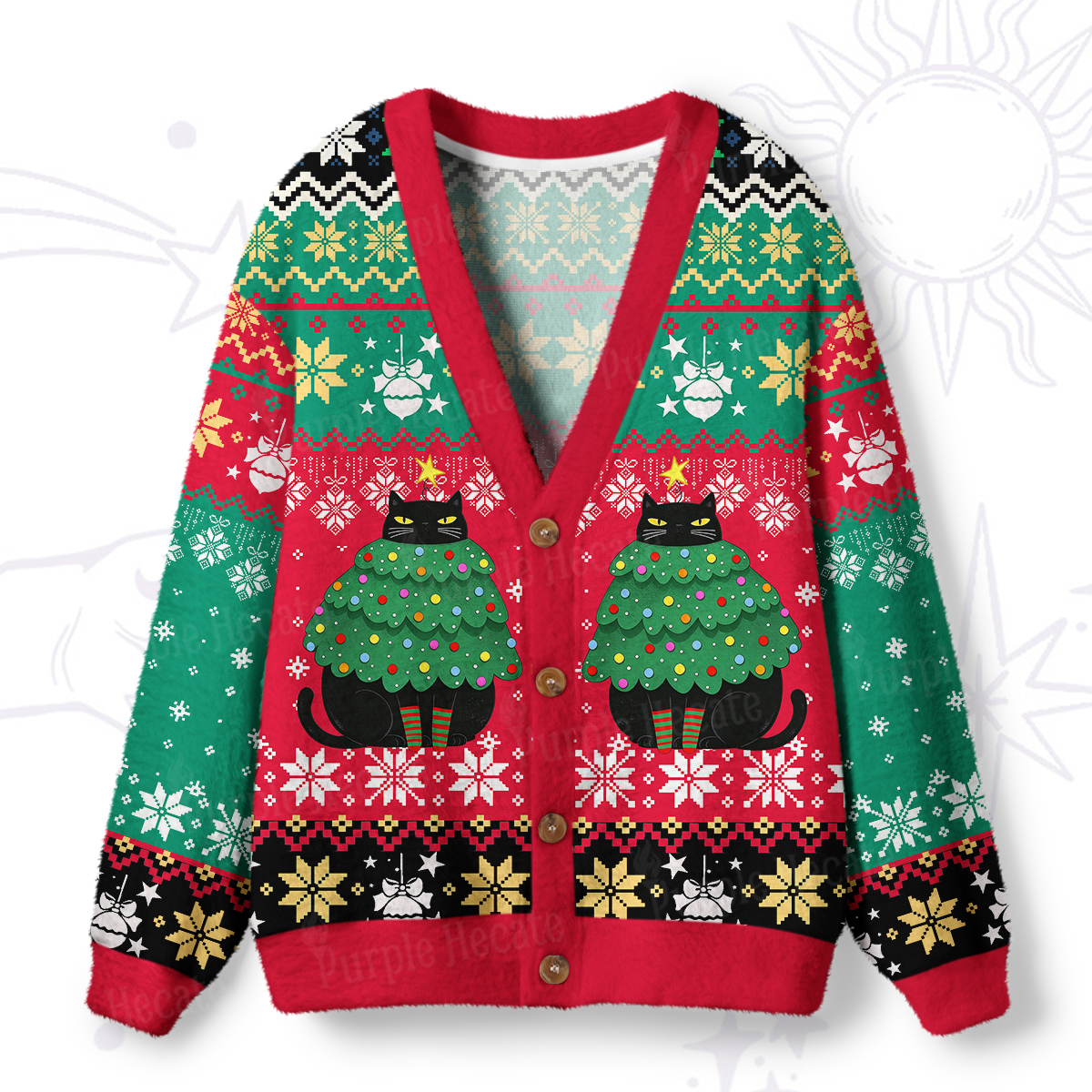 Purplehecate Chonky Black Cat Christmas Tree Ugly Cardigan Sweaters