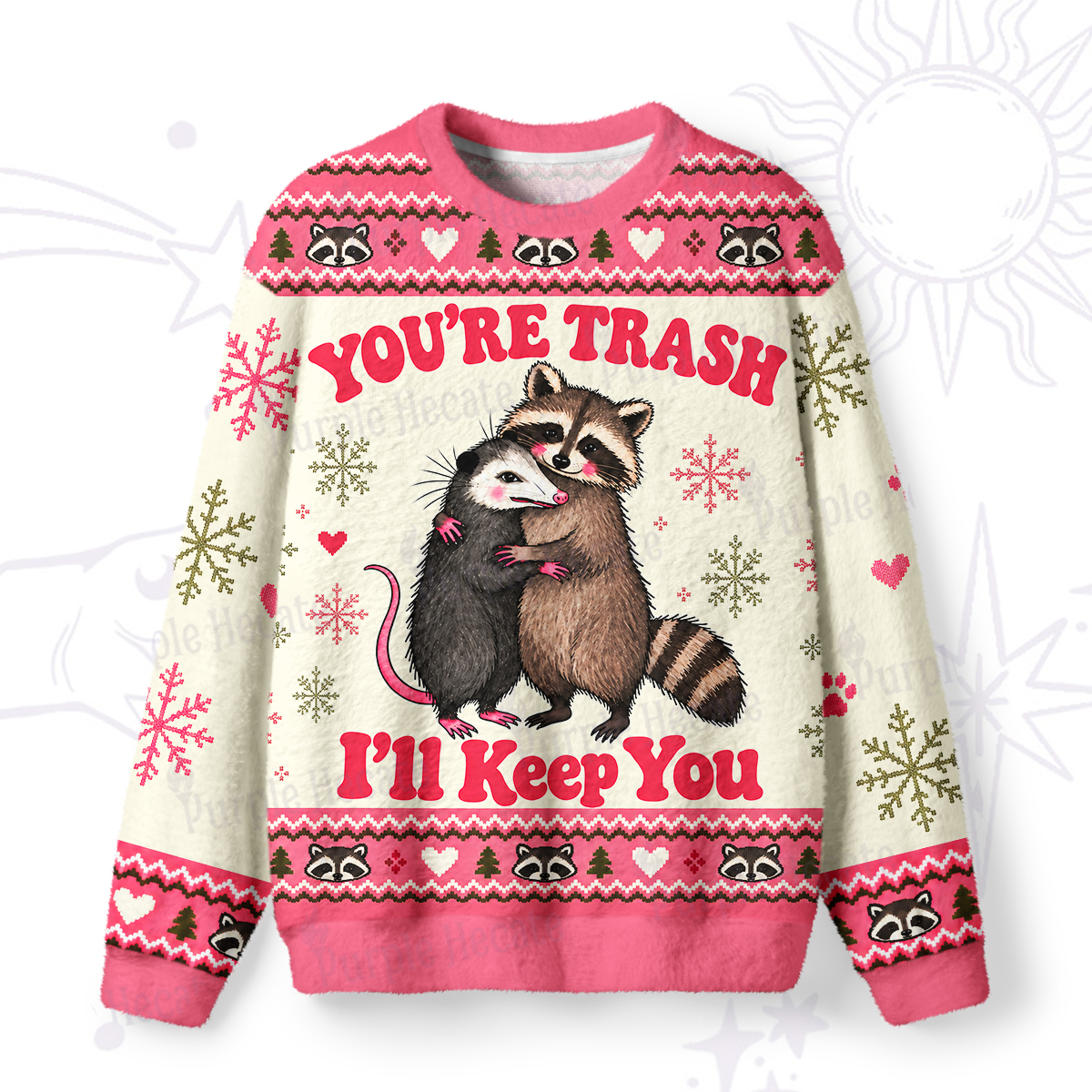 Purplehecate Funny Raccoon Opossum You're Trash I'll Keep You Christmas Fuzzy Ugly Sweatshirt