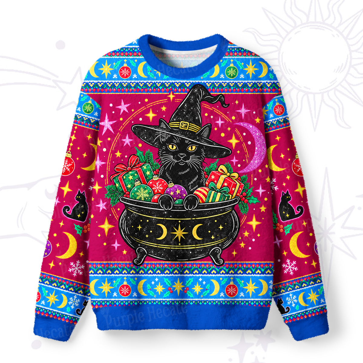 Purplehecate Black Cat Witch Christmas Cauldron Fuzzy Ugly Sweatshirt