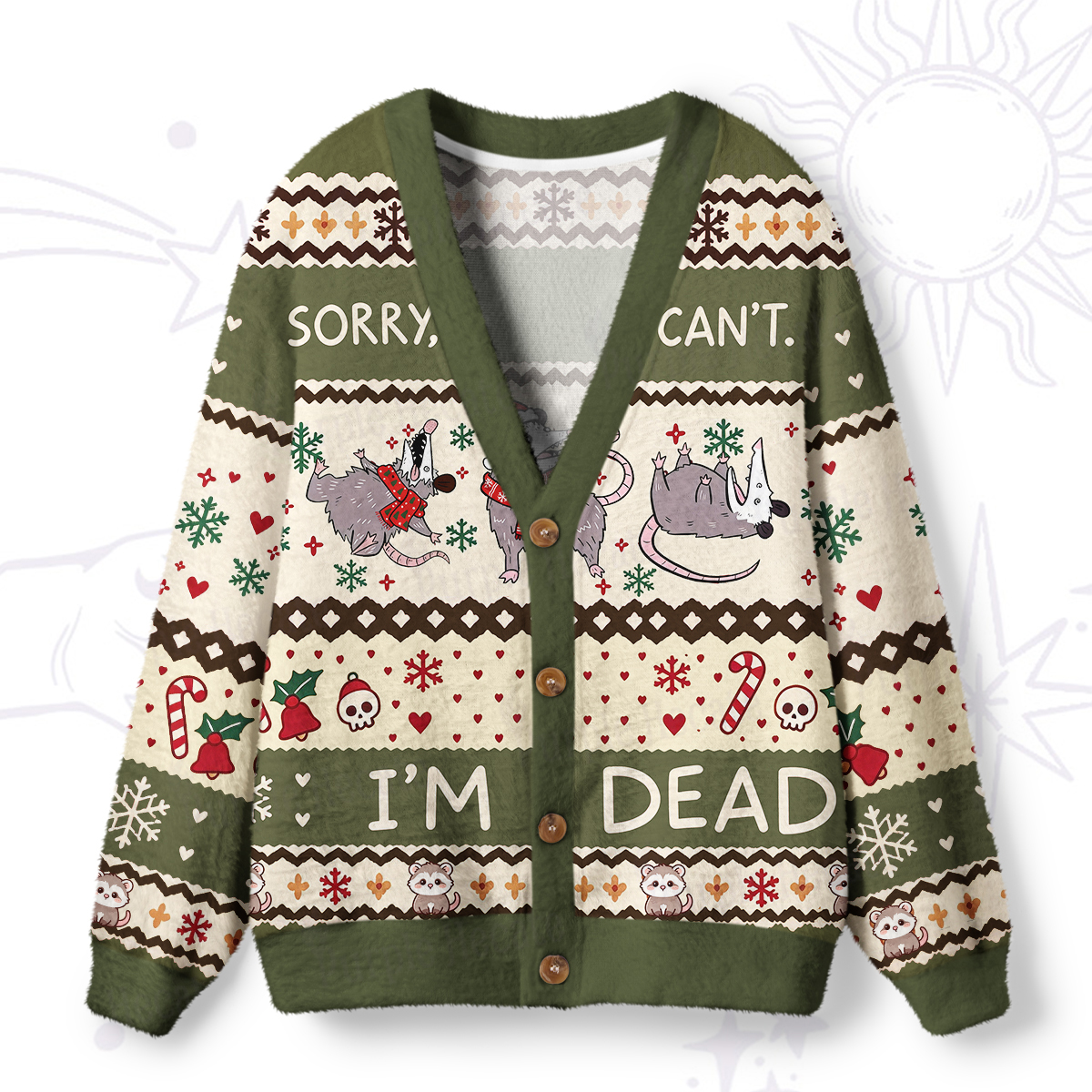Purplehecate Funny Possum Sorry I Can't I'm Dead Christmas Ugly Cardigan Sweaters