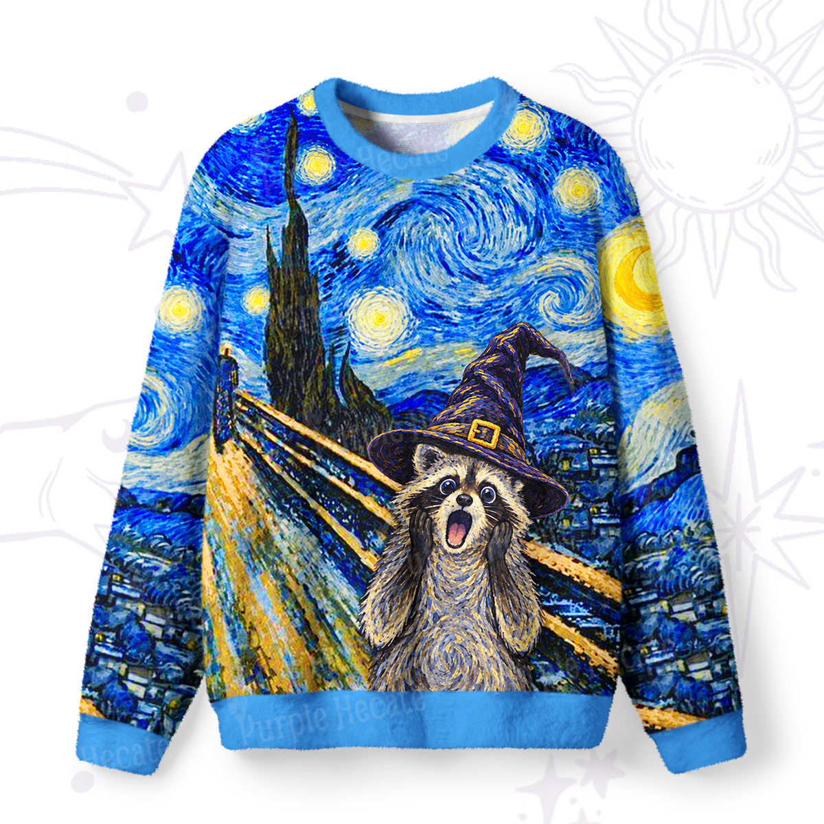 Purplehecate Starry Night Scream Raccoon Wizard Fuzzy Ugly Sweatshirt