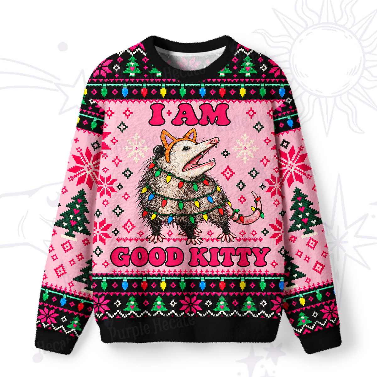 Purplehecate I Am Good Kitty Funny Possum Christmas Fuzzy Ugly Sweatshirt
