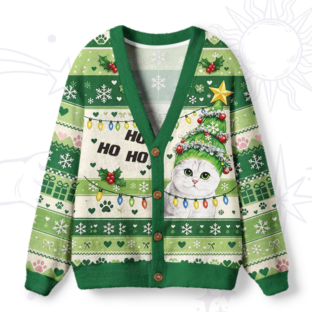 Purplehecate Cute Christmas Tree Hat Cat Ugly Cardigan Sweaters