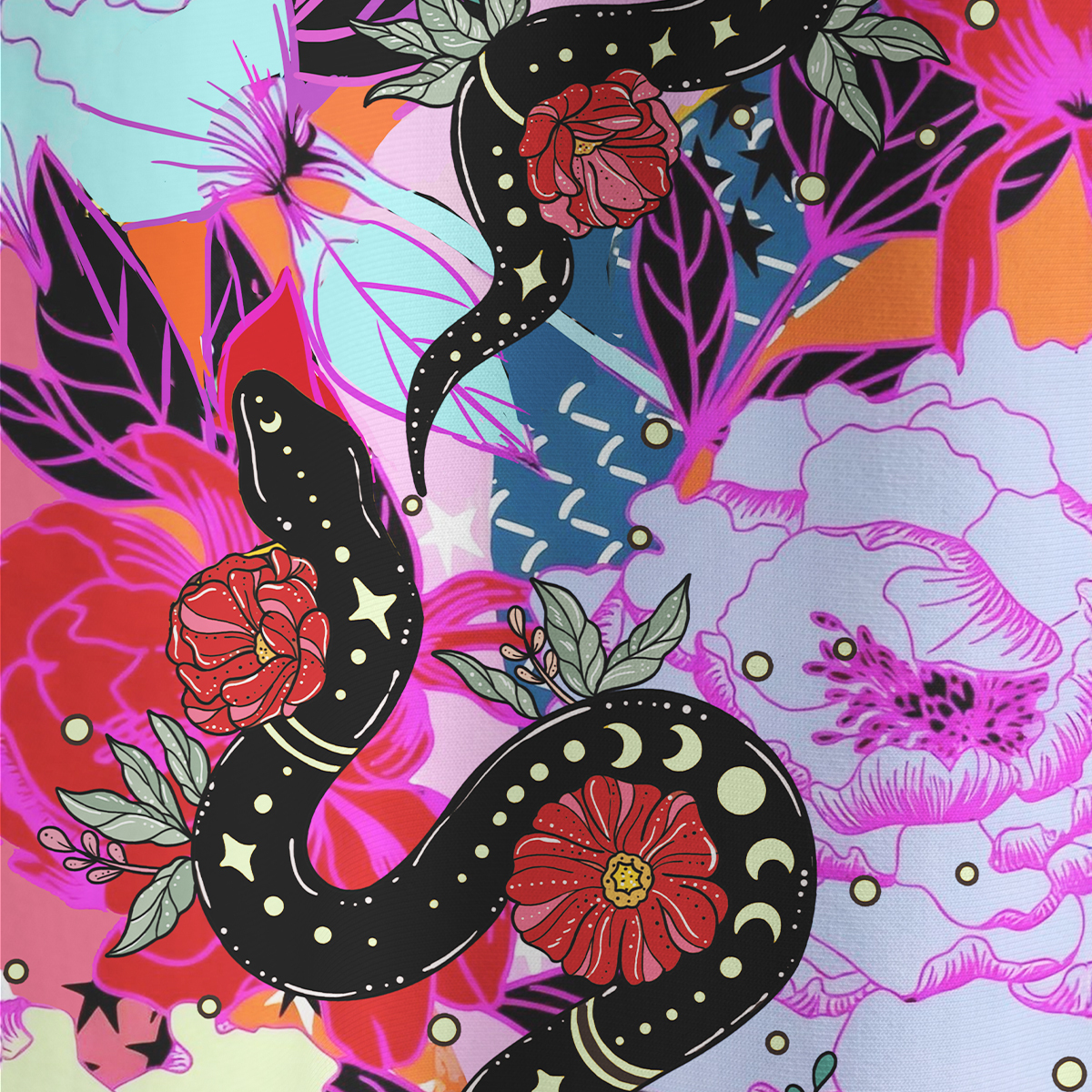 Purplehecate Enchanted Black Serpent & Floral Pattern All Over Print T-Shirt