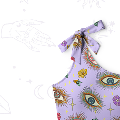 Purplehecate Evil Eye Pattern One-Shoulder One-Piece Swimsuit