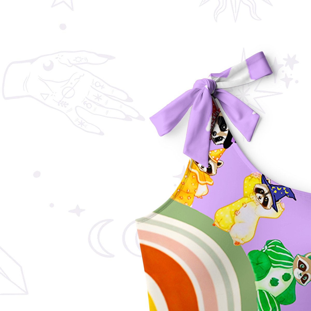 Purplehecate Rainbow Raccoon Star One-Shoulder One-Piece Swimsuit