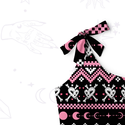 Purplehecate Witchy Pink Flamingo Skull One-Shoulder One-Piece Swimsuit