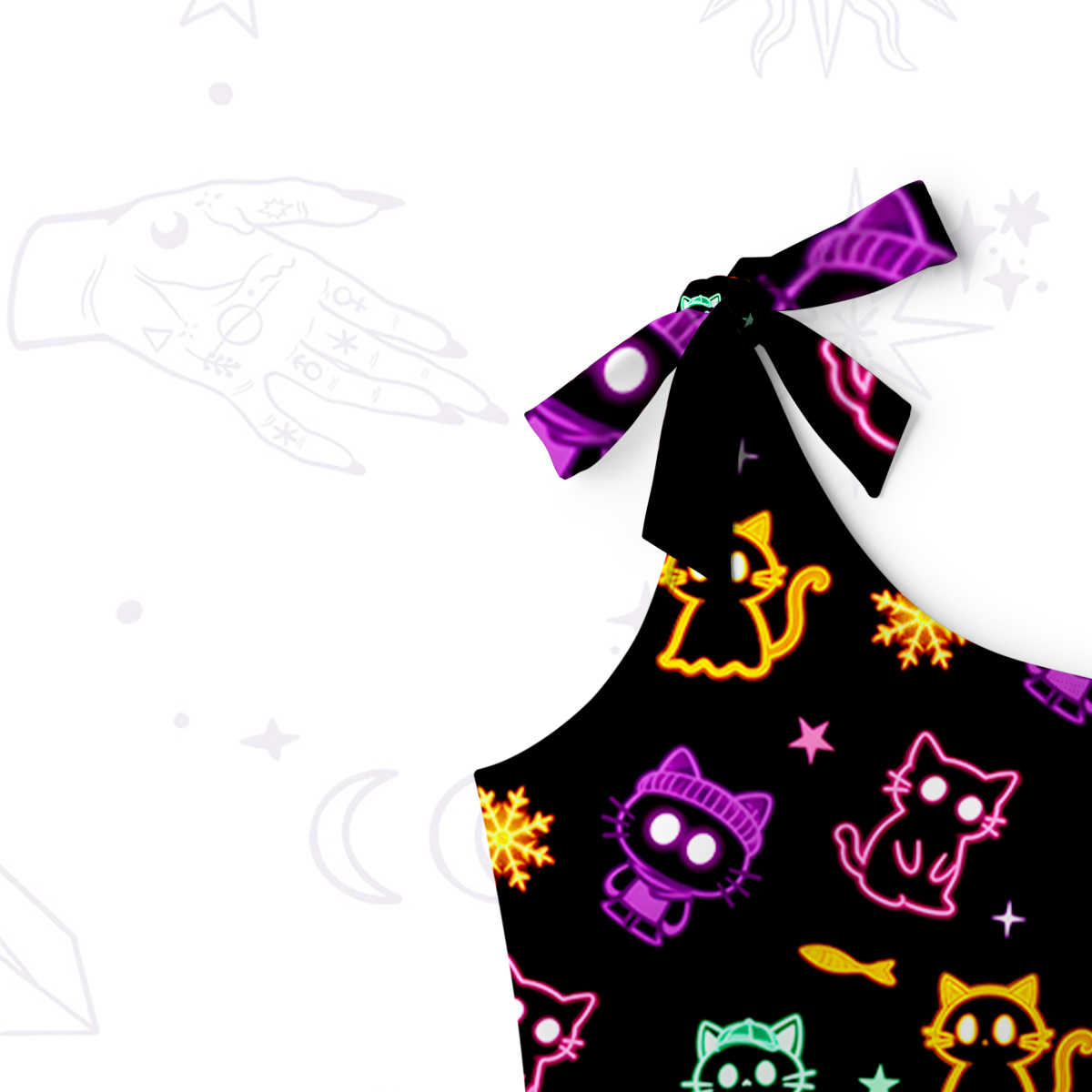 Purplehecate Neon Cat Party One-Shoulder One-Piece Swimsuit
