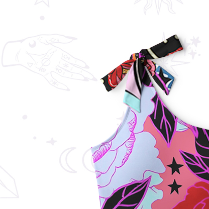 Purplehecate Enchanted Black Serpent & Floral Pattern One-Shoulder One-Piece Swimsuit