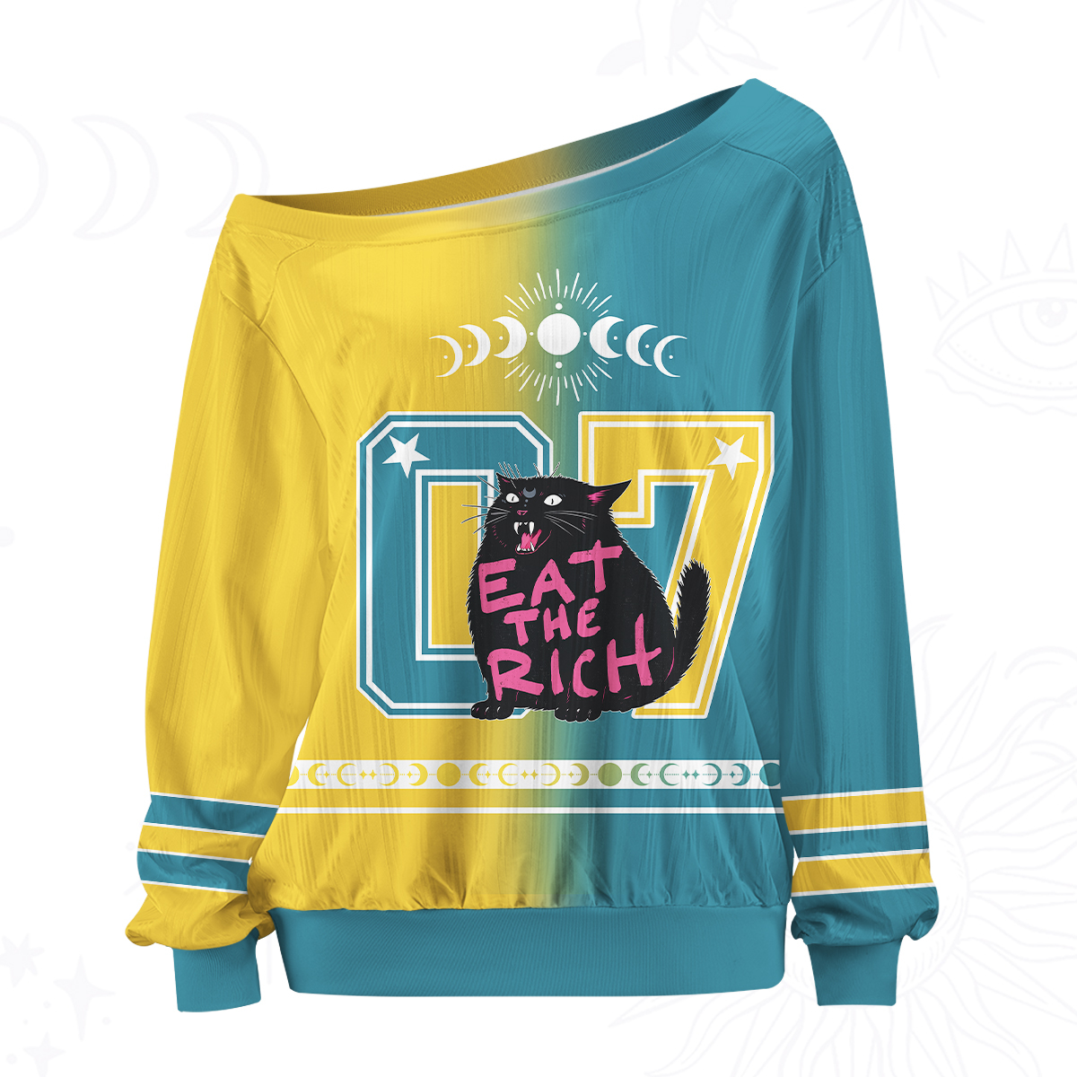 Purplehecate Eat The Rich Cat Off The Shoulder Graphic Jersey