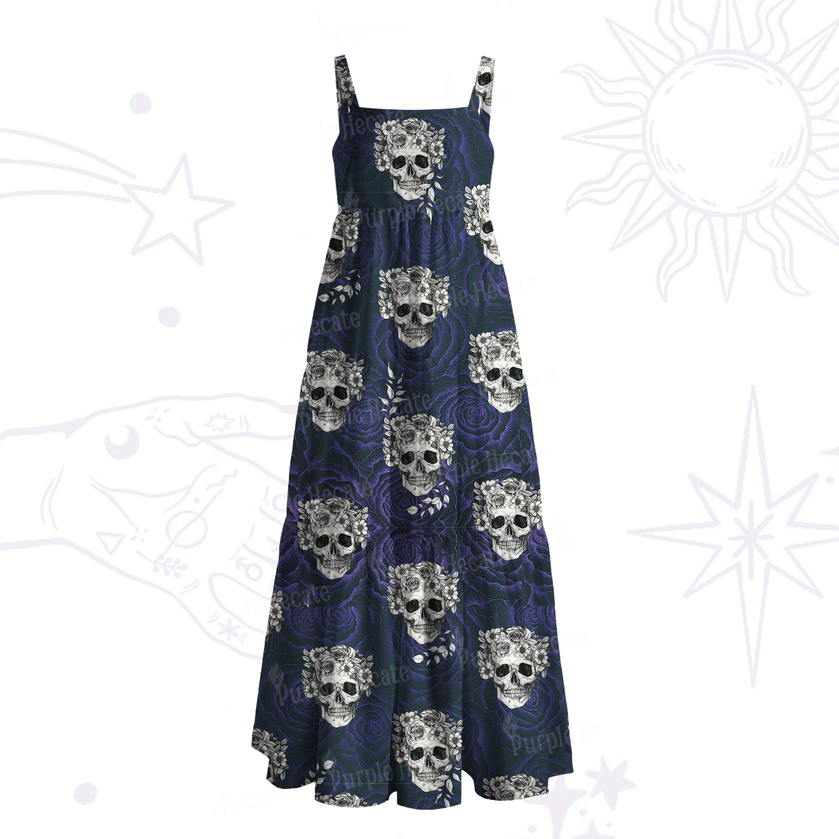 Purplehecate Rose Skull Wide Straps Maxi Dress