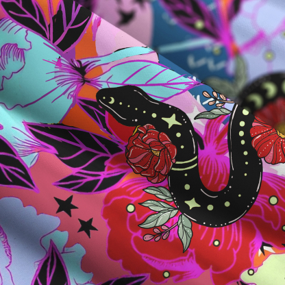 Purplehecate Enchanted Black Serpent & Floral Pattern Wide Straps Maxi Dress