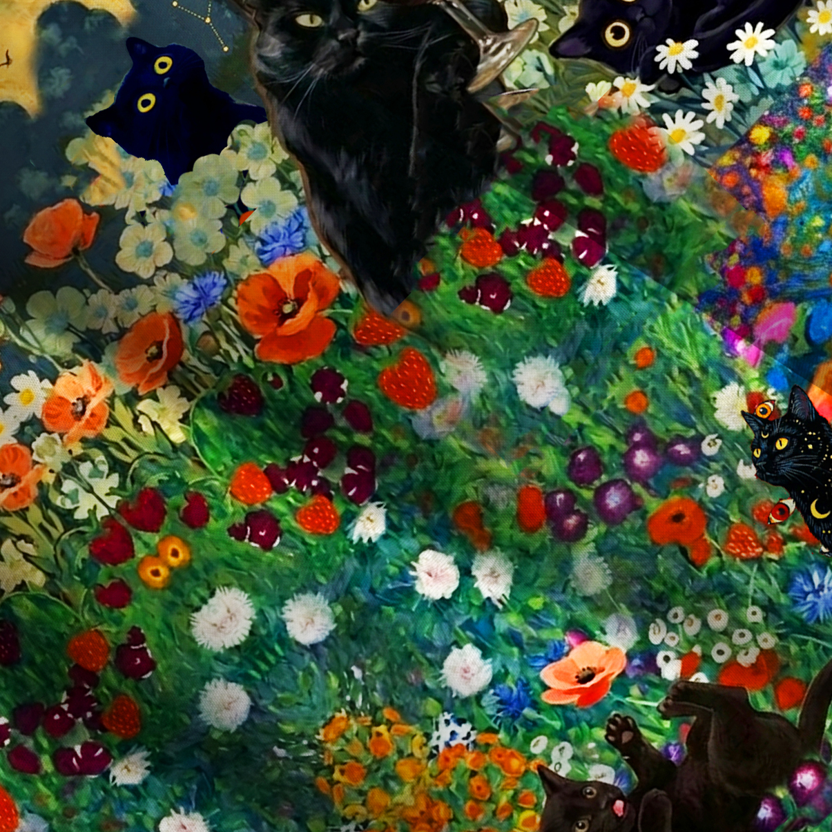 Purplehecate Black Cat Secret Garden Wide Straps Maxi Dress