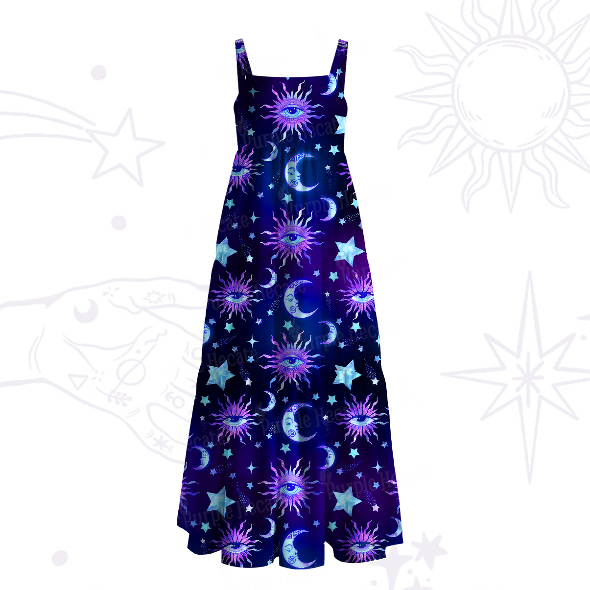 Purplehecate Celestial Eye Starlit Moon Wide Straps Maxi Dress