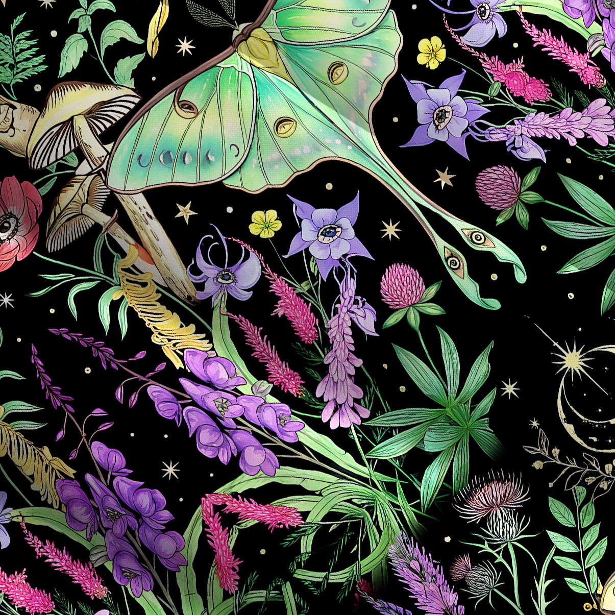 ]Purplehecate Mystic Lunar Moth Herbal Forest Wide Straps Maxi Dress