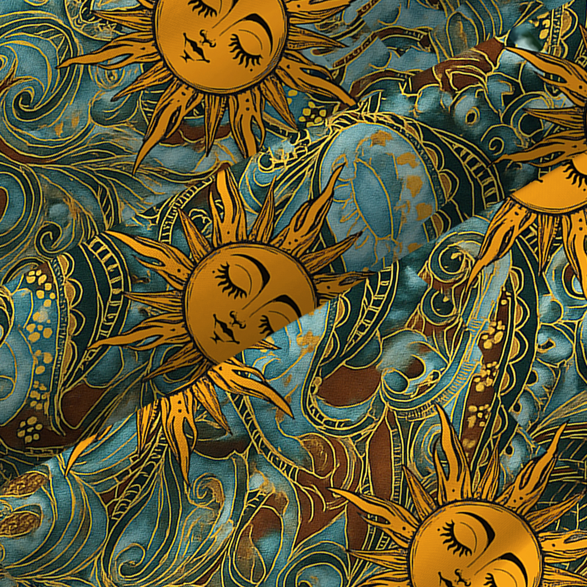 Purplehecate Golden Sun Wheel Spaghetti Strap Midi Dress