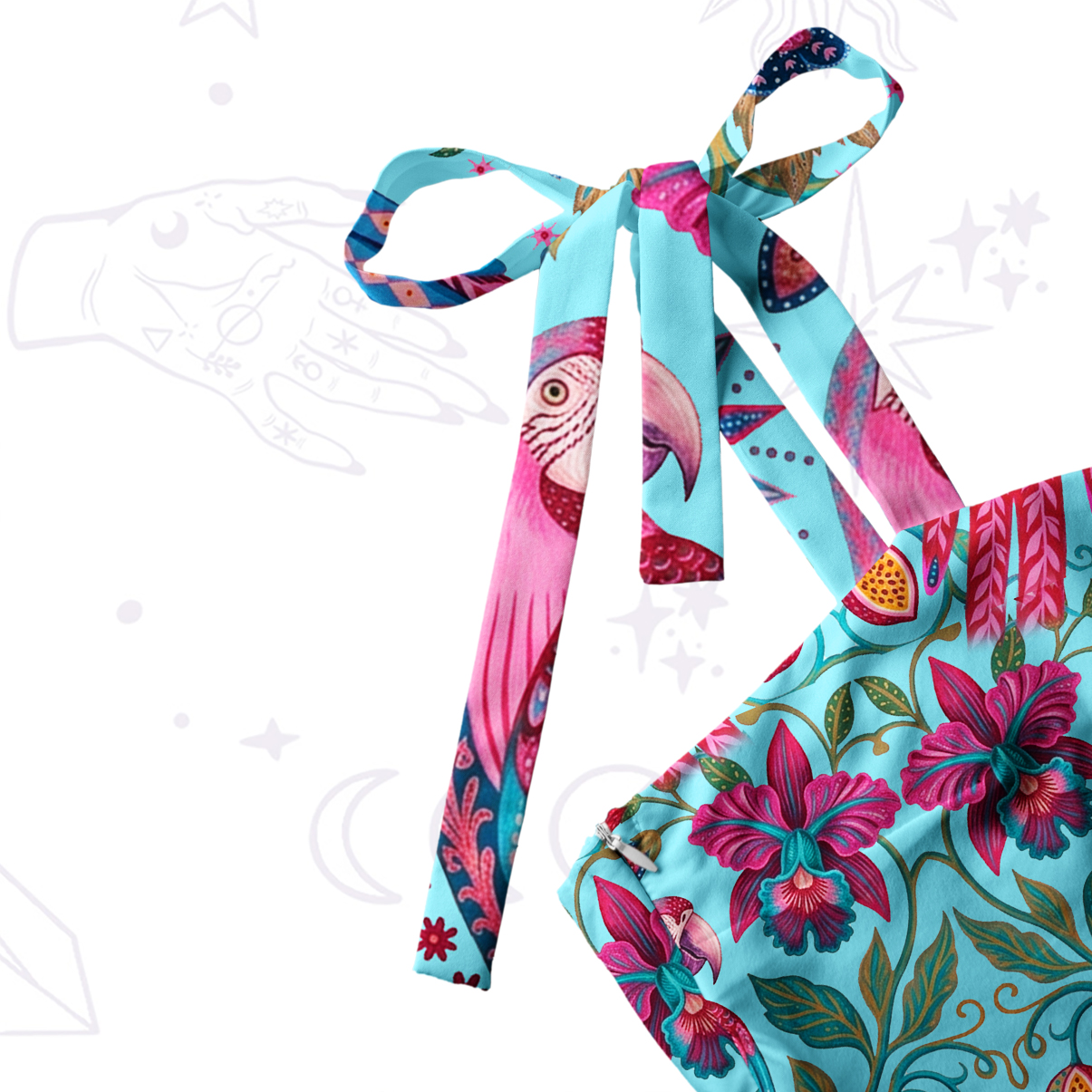 Purplehecate Tropical Parrot Garden Tie Shoulder Maxi Dress
