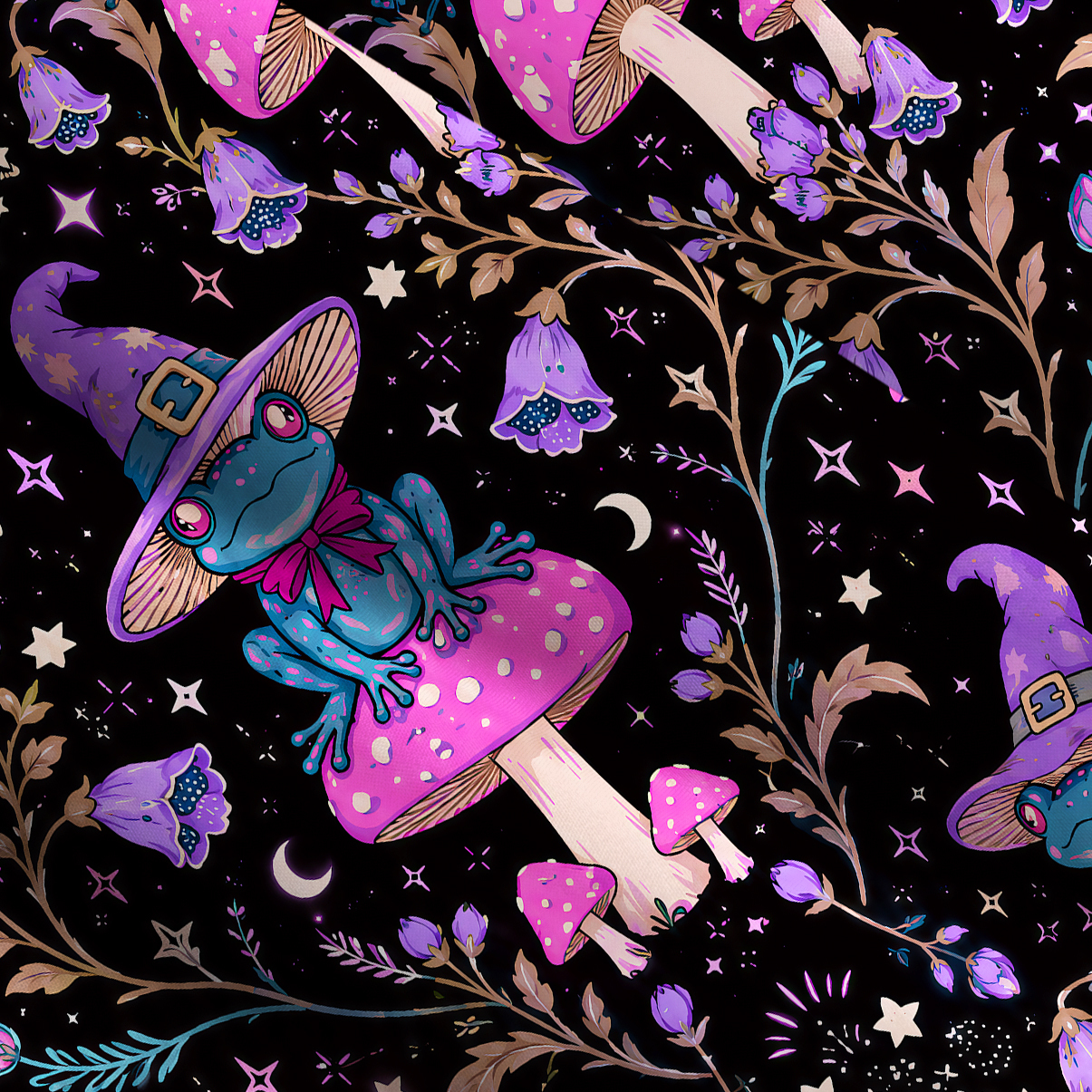 Purplehecate Psychedelic Frog & Magic Mushroom Wide Straps Maxi Dress