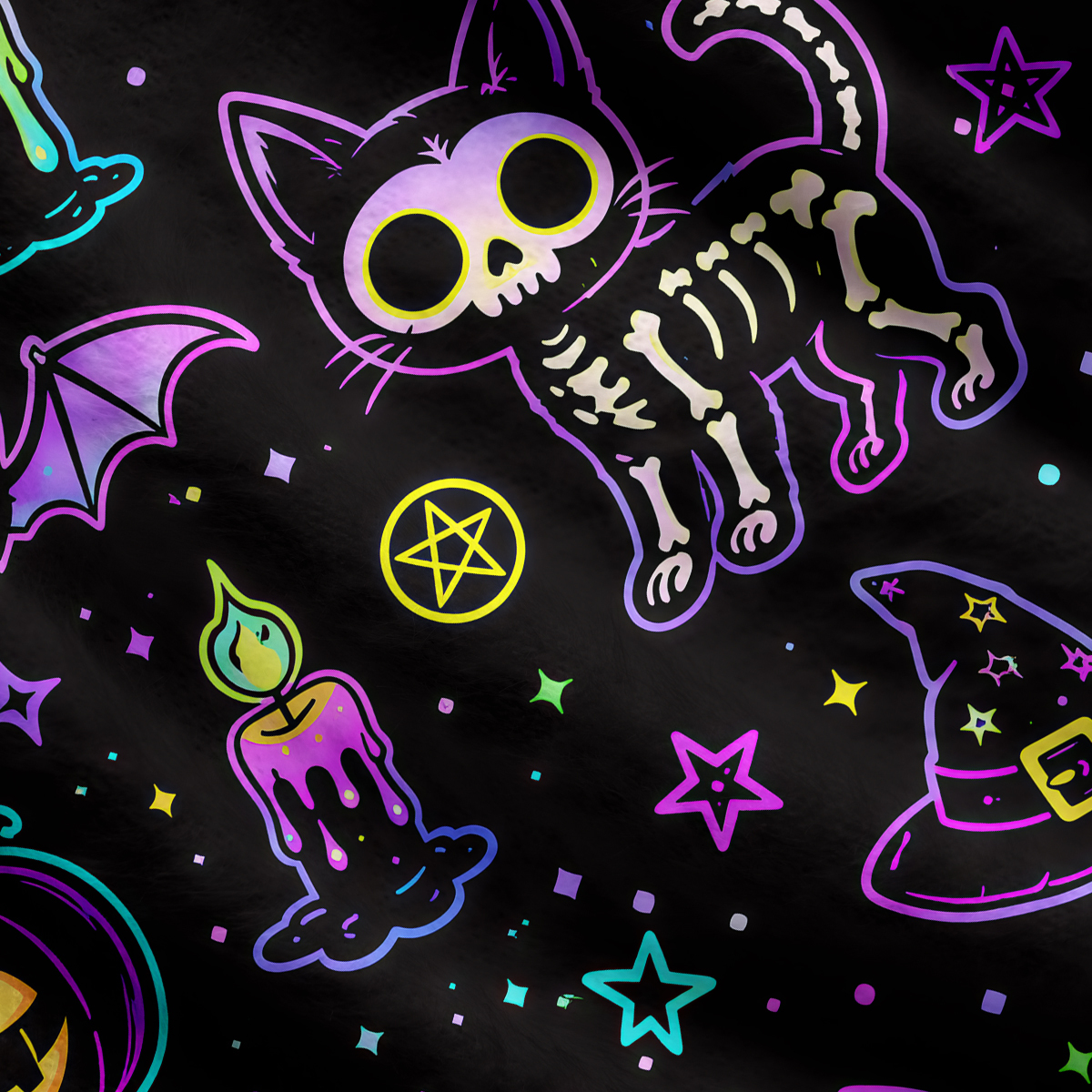 Purplehecate Neon Halloween Skeleton Cat Ugly Cardigan Sweaters