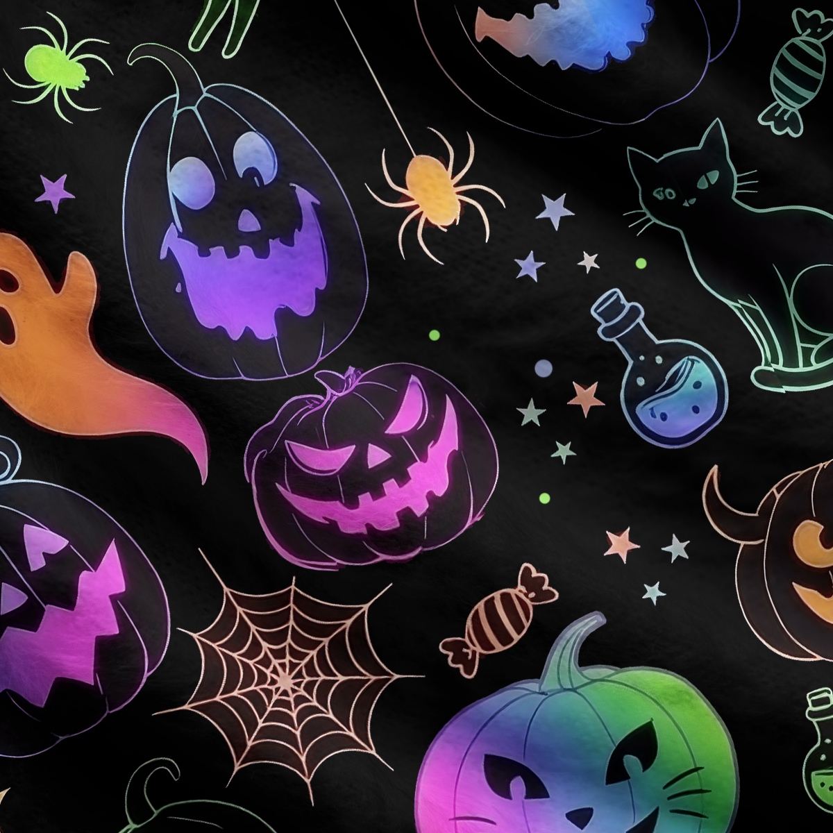 Purplehecate Neon Halloween Spooky Pumpkin Doodle Ugly Cardigan Sweaters