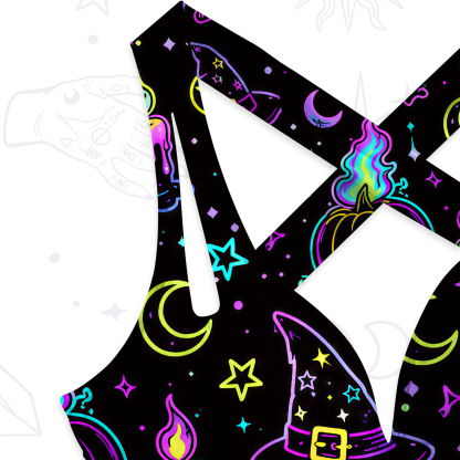 Purplehecate Neon Halloween Skeleton Cat One-Piece Swimsuit