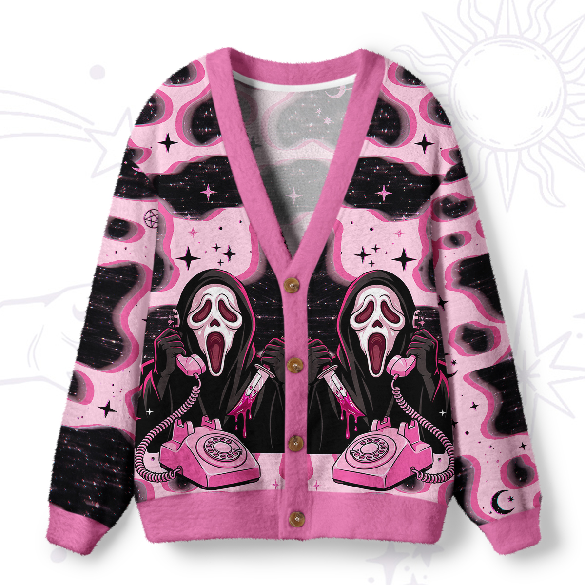 Purplehecate Ghost Face Scream Mask Phone Call Ugly Cardigan Sweaters