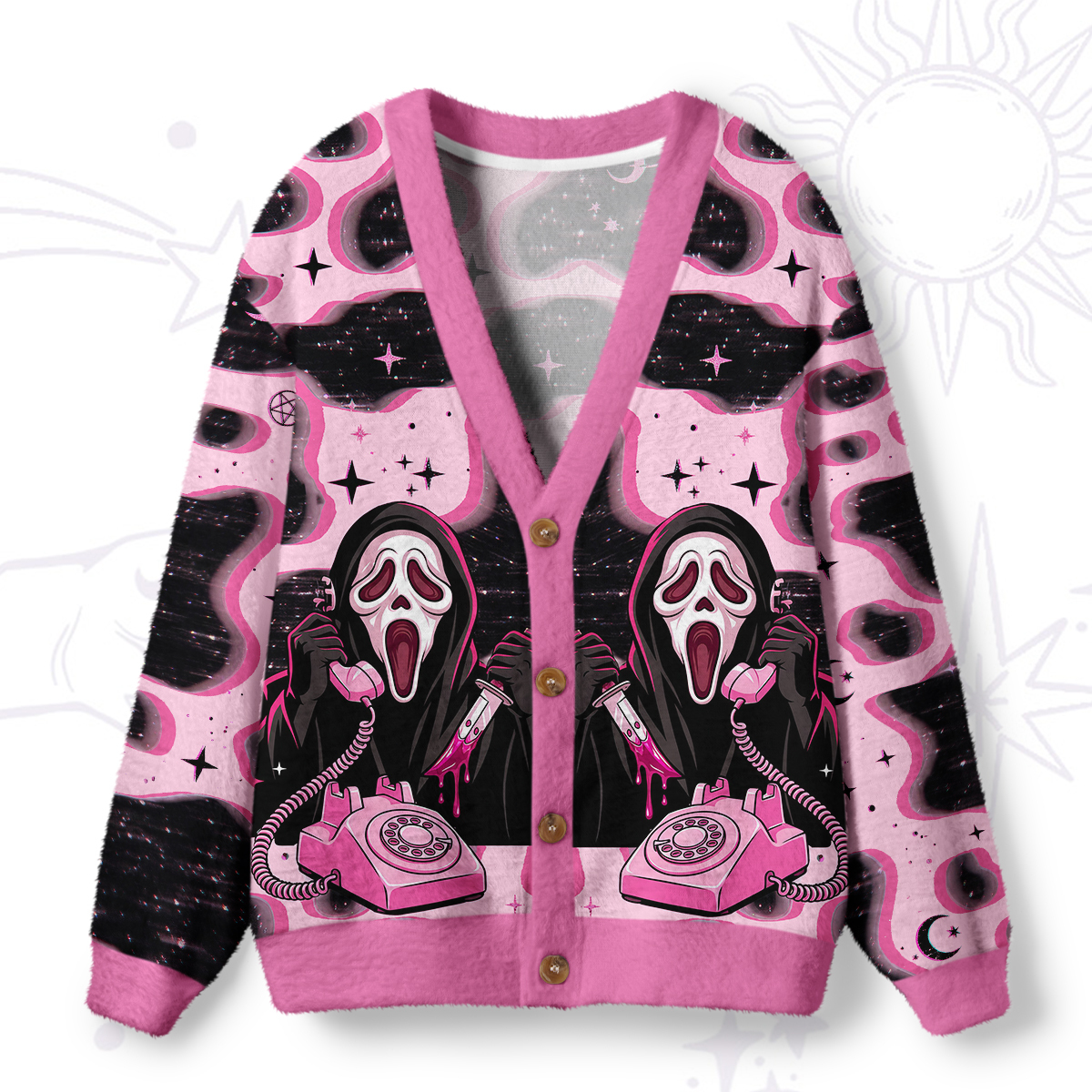 Purplehecate Ghost Face Scream Mask Phone Call Ugly Cardigan Sweaters