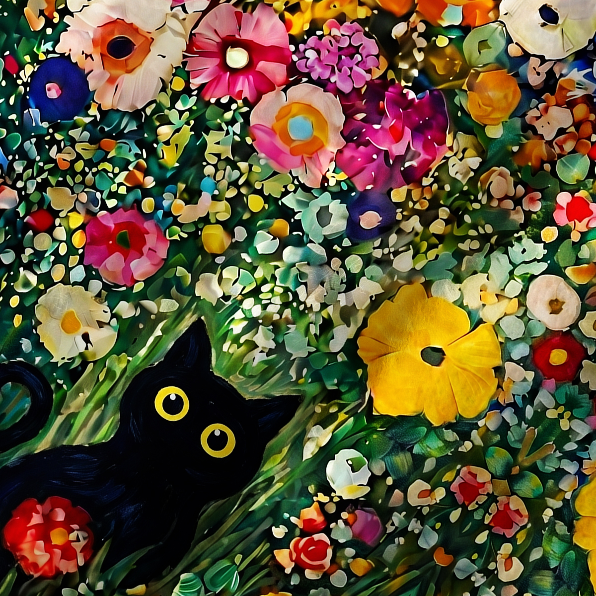 Purplehecate Fluffy Black Cat in Colorful Flower Field Fuzzy Crewneck Sweater
