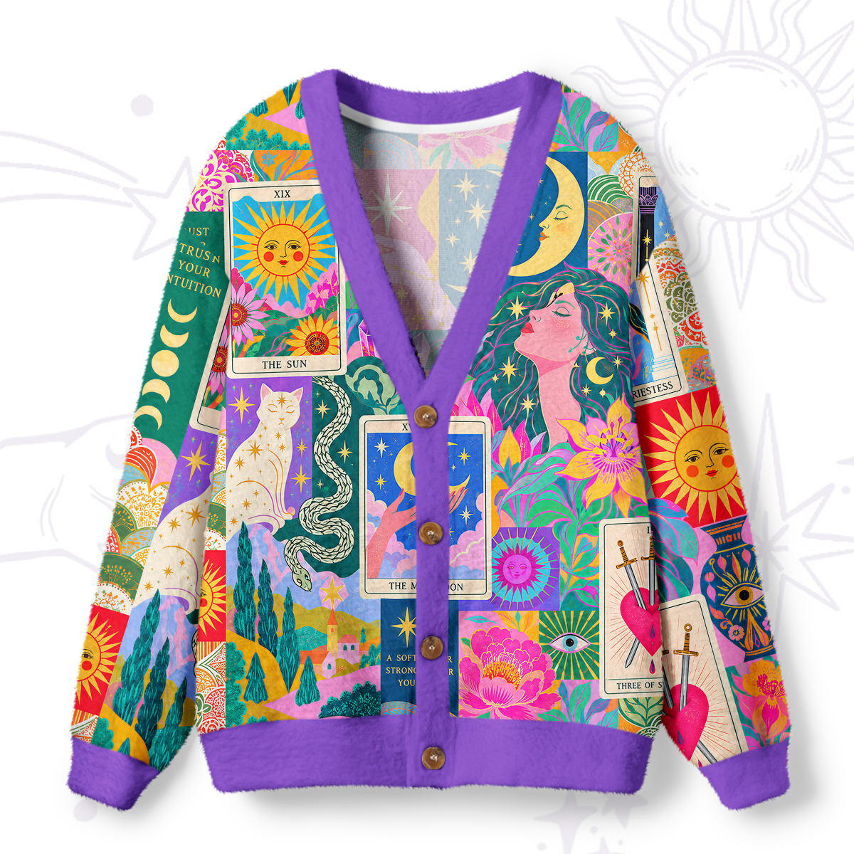 Purplehecate Colorful Mystic Tarot Collage Ugly Cardigan Sweaters