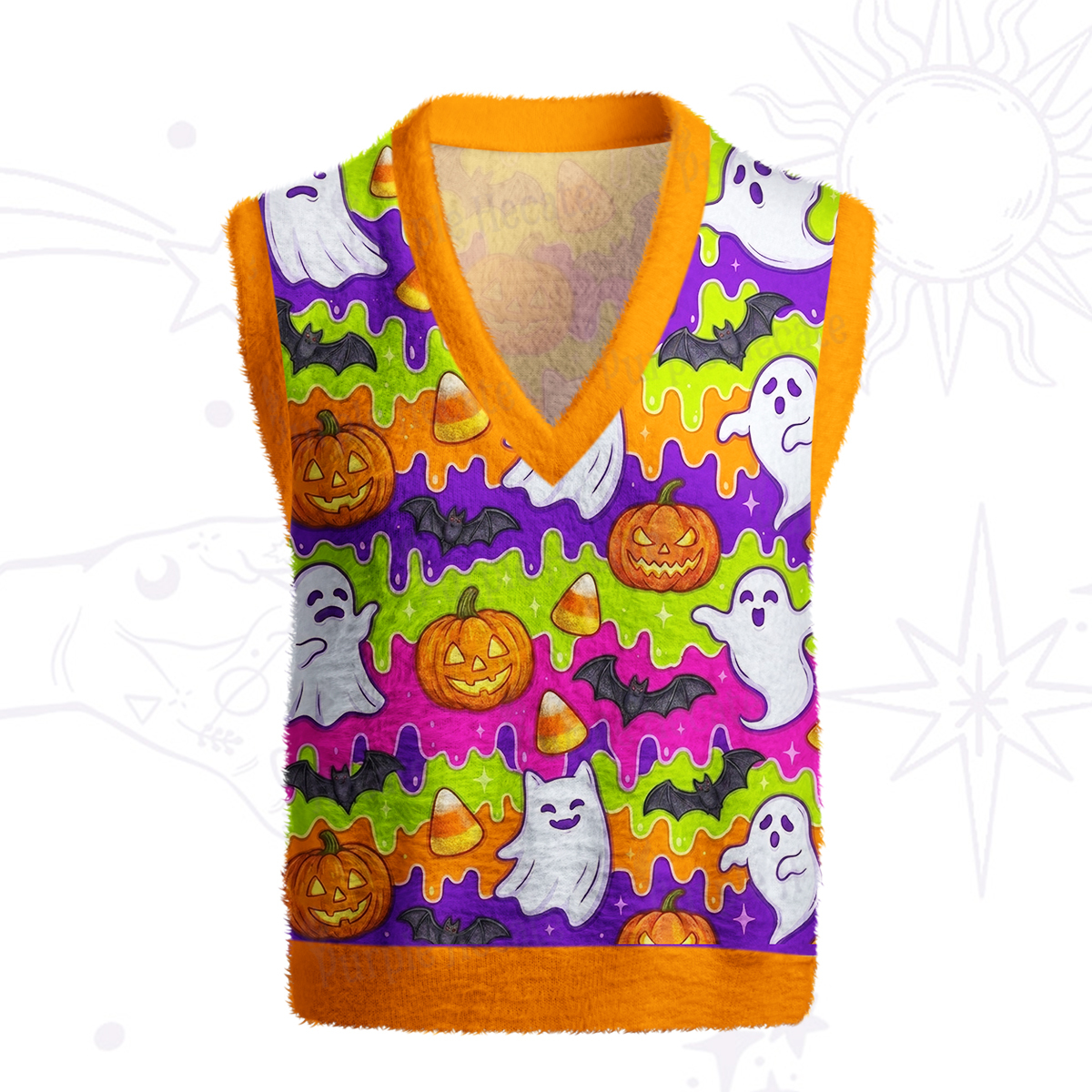 Purplehecate Halloween Ghost Jack‑o'-Lantern Ugly Sweater Vest