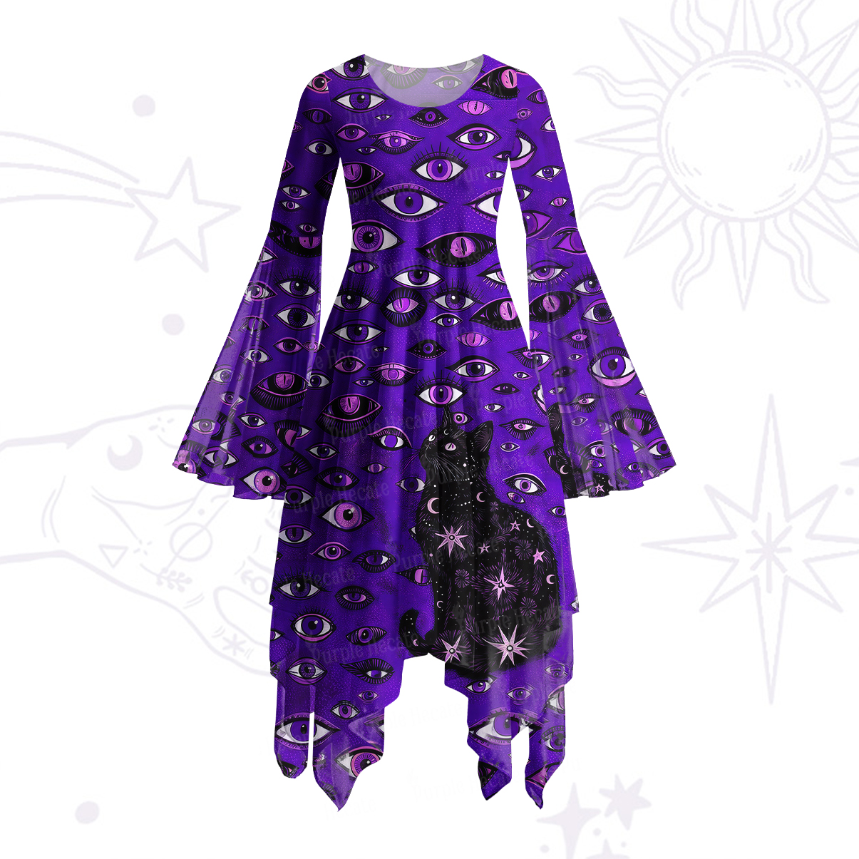 Purplehecate Cosmic Watcher Cat Bell Sleeve Dress