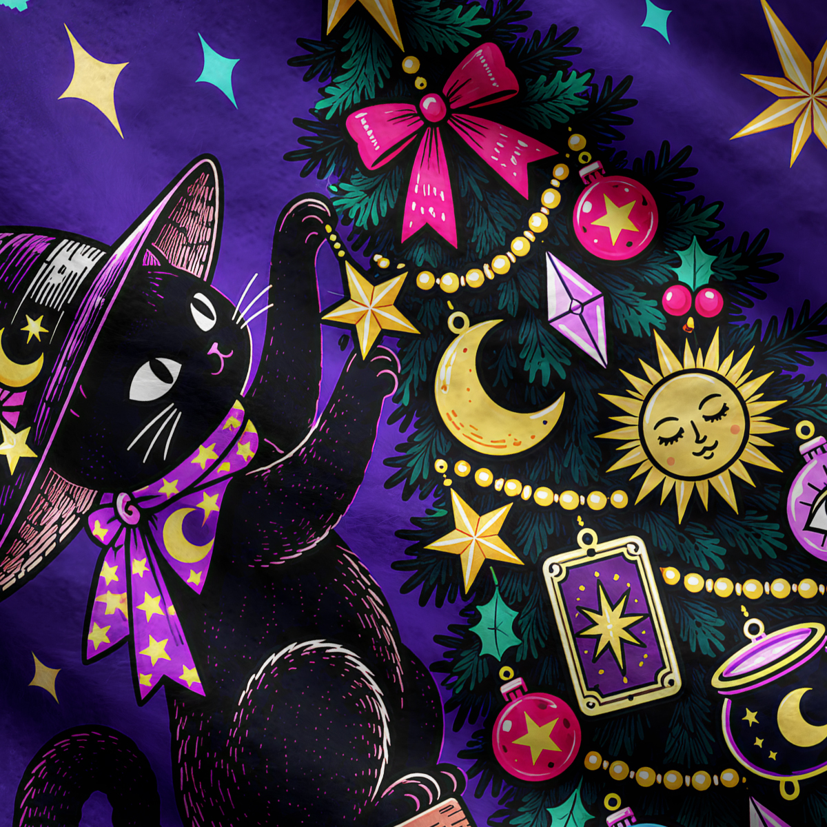 Purplehecate Black Cat Decorating the Christmas Tree Ugly Cardigan Sweaters