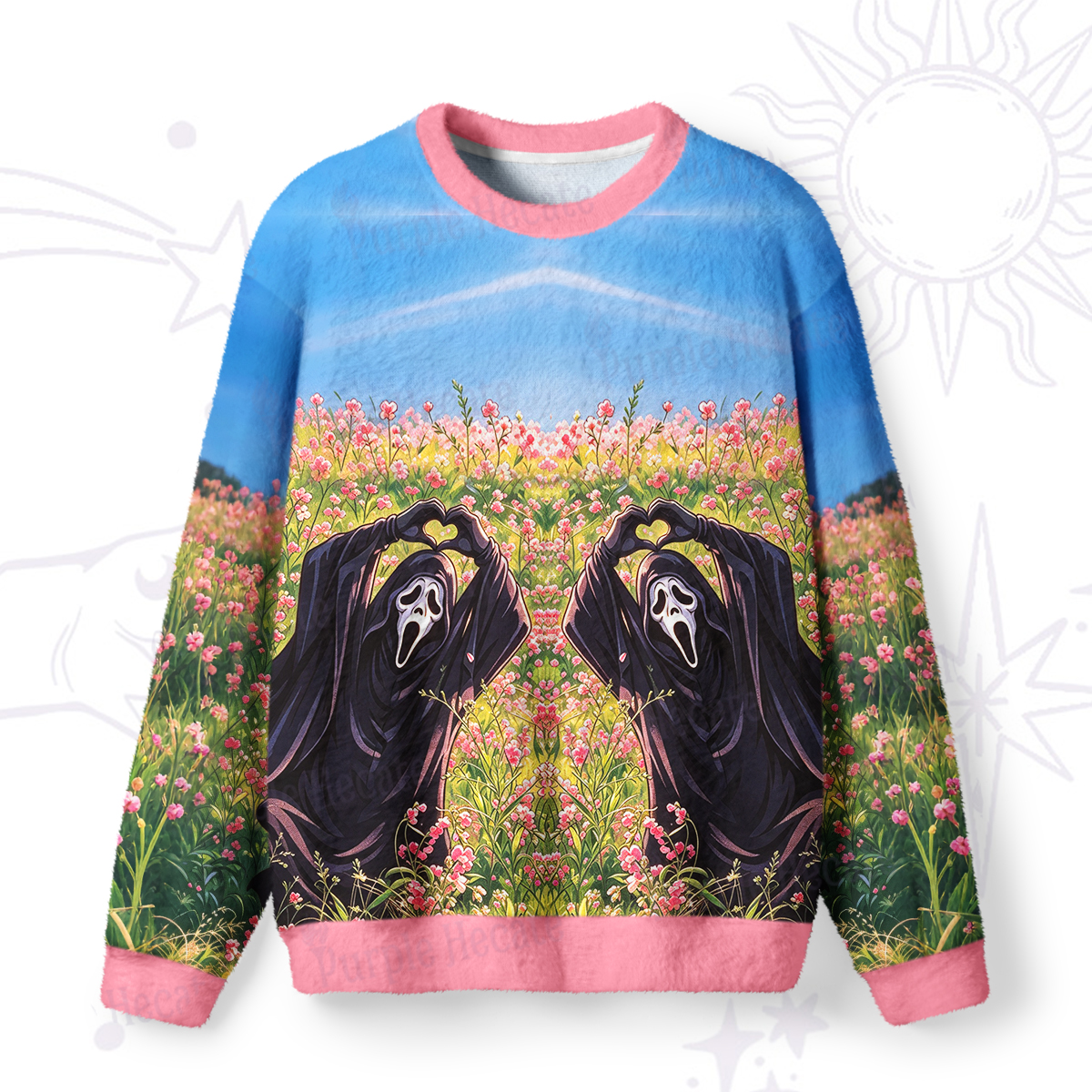 Purplehecate Flower Field Ghost Face Heart Hands Fuzzy Ugly Sweatshirt