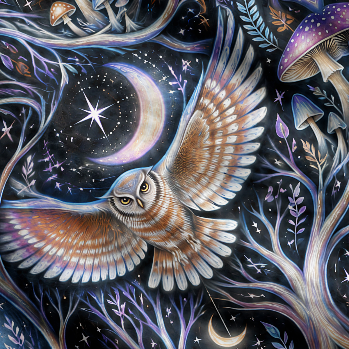 Purplehecate Starry Moon Forest Owl Ugly Cardigan Sweaters