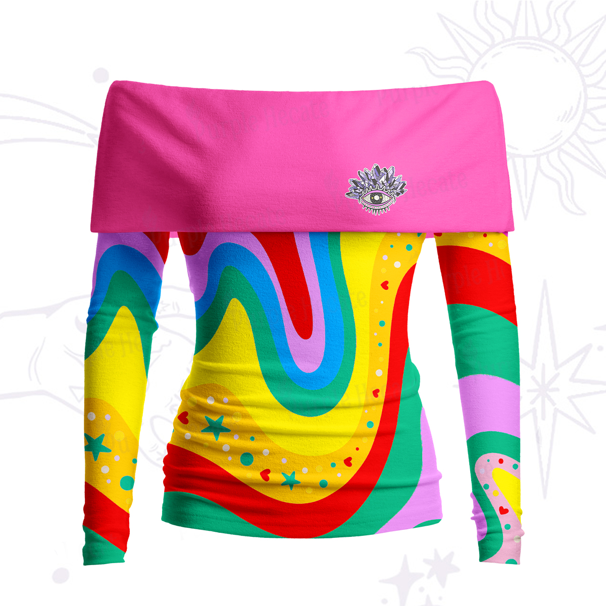 Purplehecate Dreamy Rainbow Waves Off Shoulder Long Sleeve Knit Top