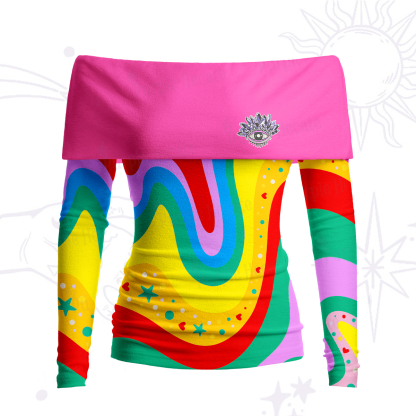 Purplehecate Dreamy Rainbow Waves Off Shoulder Long Sleeve Knit Top