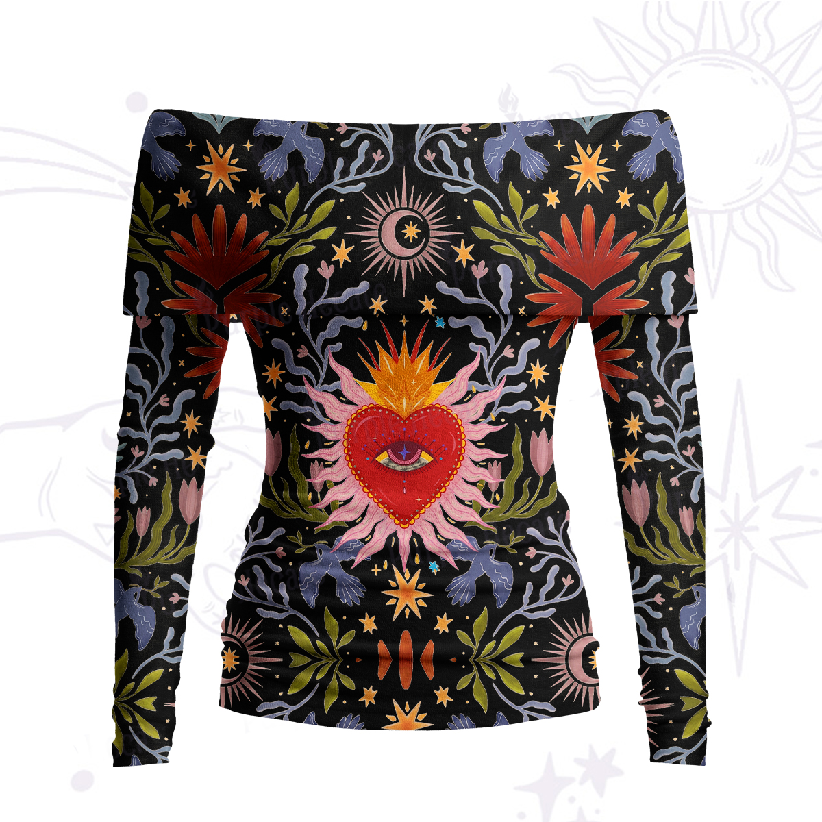 Purplehecate Sacred Flame Heart Off Shoulder Long Sleeve Knit Top