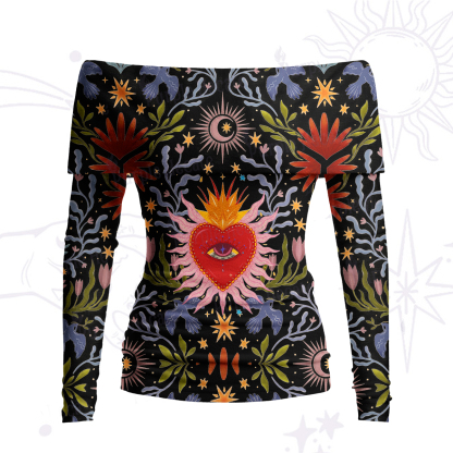 Purplehecate Sacred Flame Heart Off Shoulder Long Sleeve Knit Top