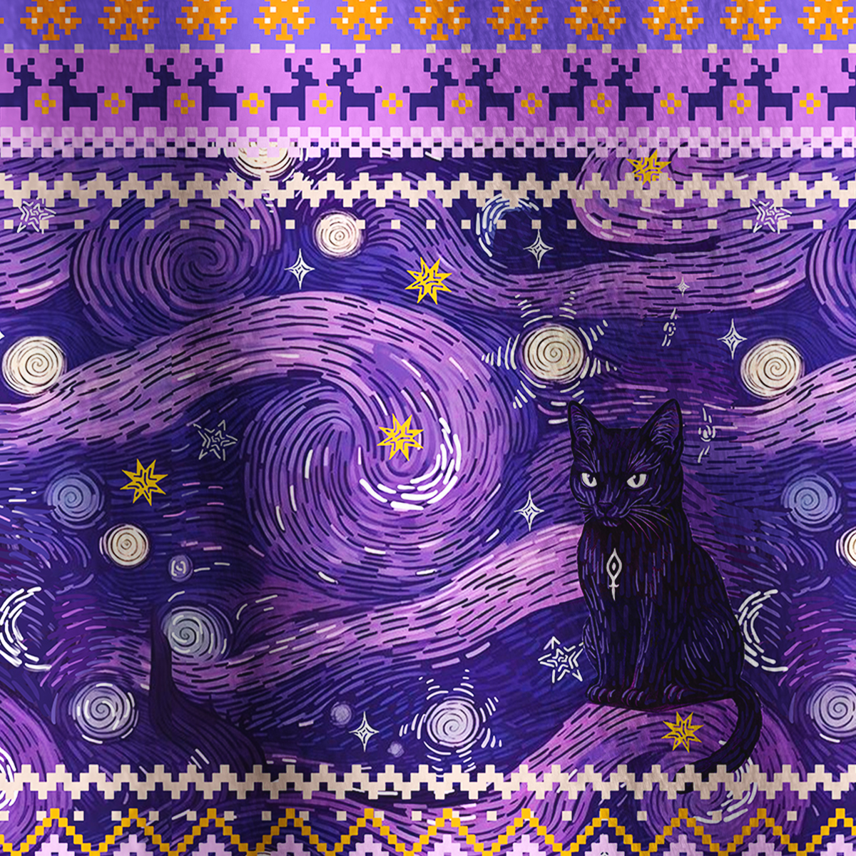 Purplehecate Mystic Cat Beneath the Cosmic Full Zip Fleece Jacket