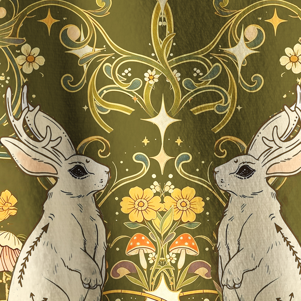 Purplehecate Antlered White Rabbit Secret Forest Zip Fleece Jacket