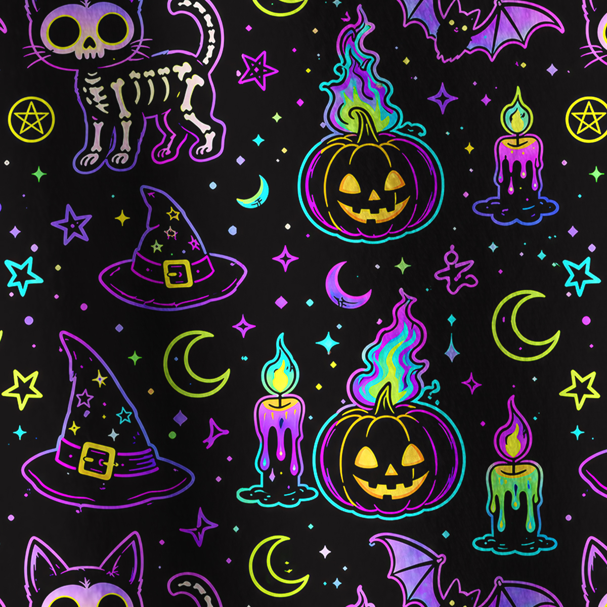 Purplehecate Neon Halloween Skeleton Cat Full Zip Fleece Jacket
