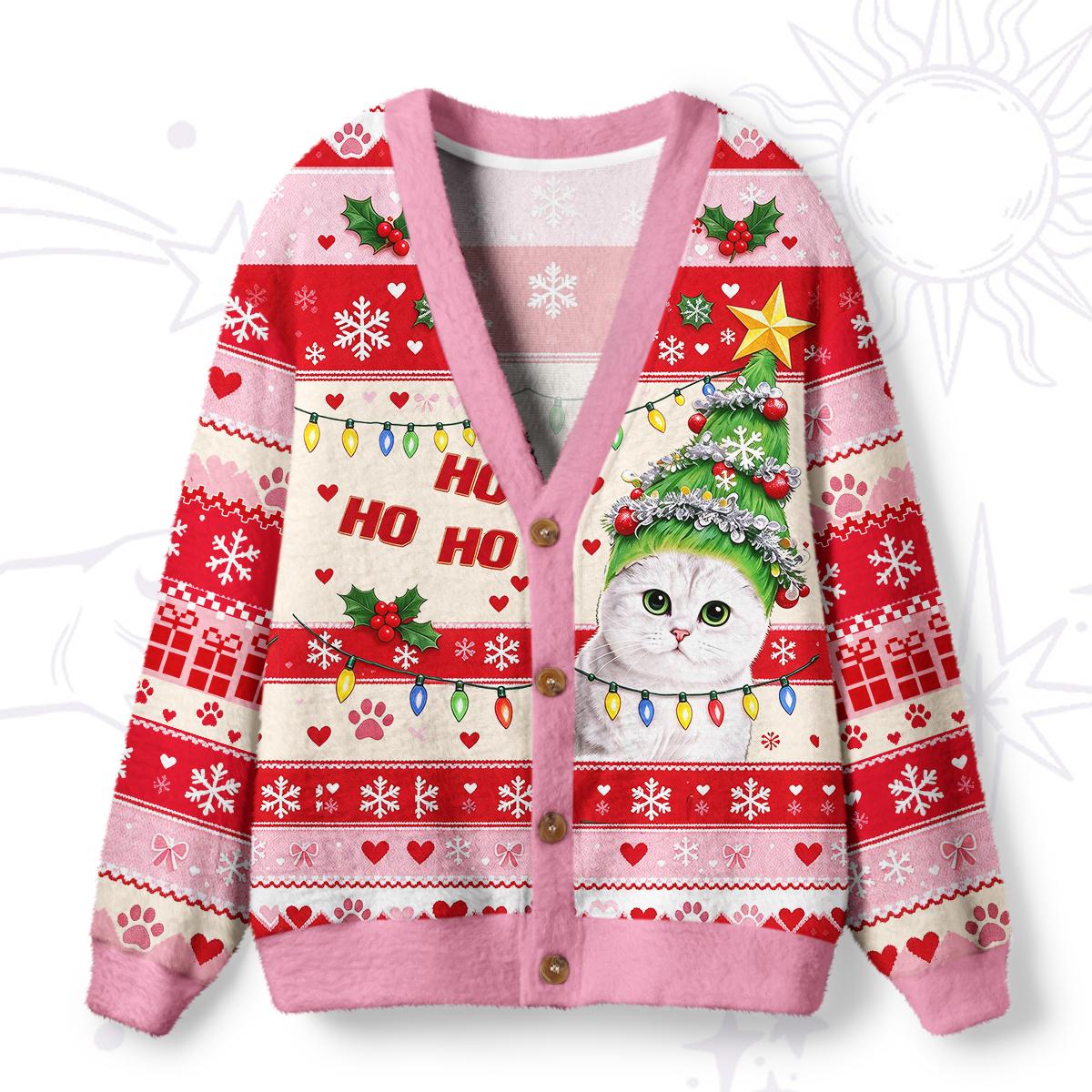 Purplehecate Cute Christmas Tree Hat Cat Ugly Cardigan Sweaters
