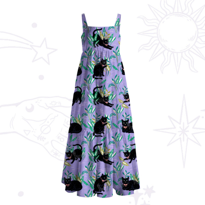 Purplehecate Enchanted Forest Black Cat Wide Straps Maxi Dress