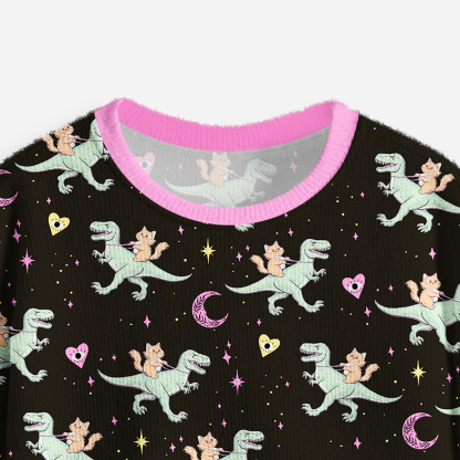 Purplehecate Witch Cat Rides the Dino Crop Fuzzy Ugly Sweatshirt