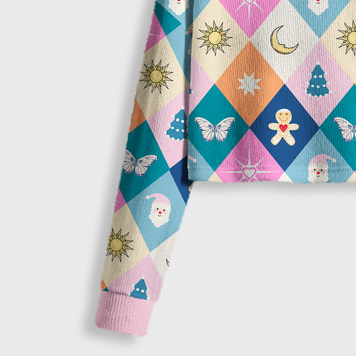 Purplehecate Whimsical Holiday Patchwork Crop Fuzzy Ugly Sweatshirt