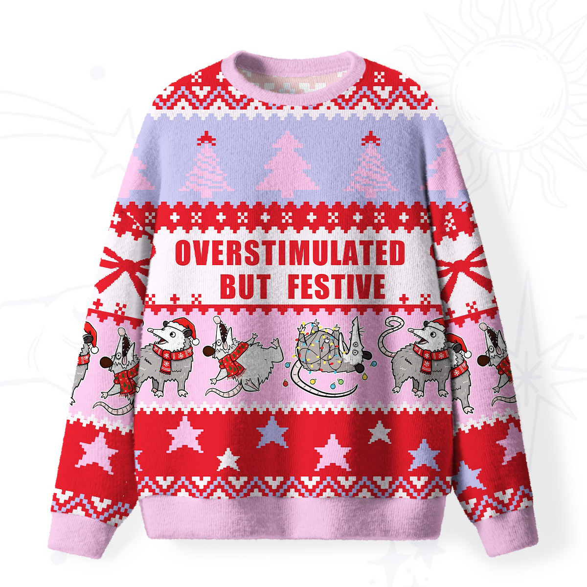 Purplehecate Overstimulated But Festive Possum Fuzzy Ugly Christmas Sweatshirt