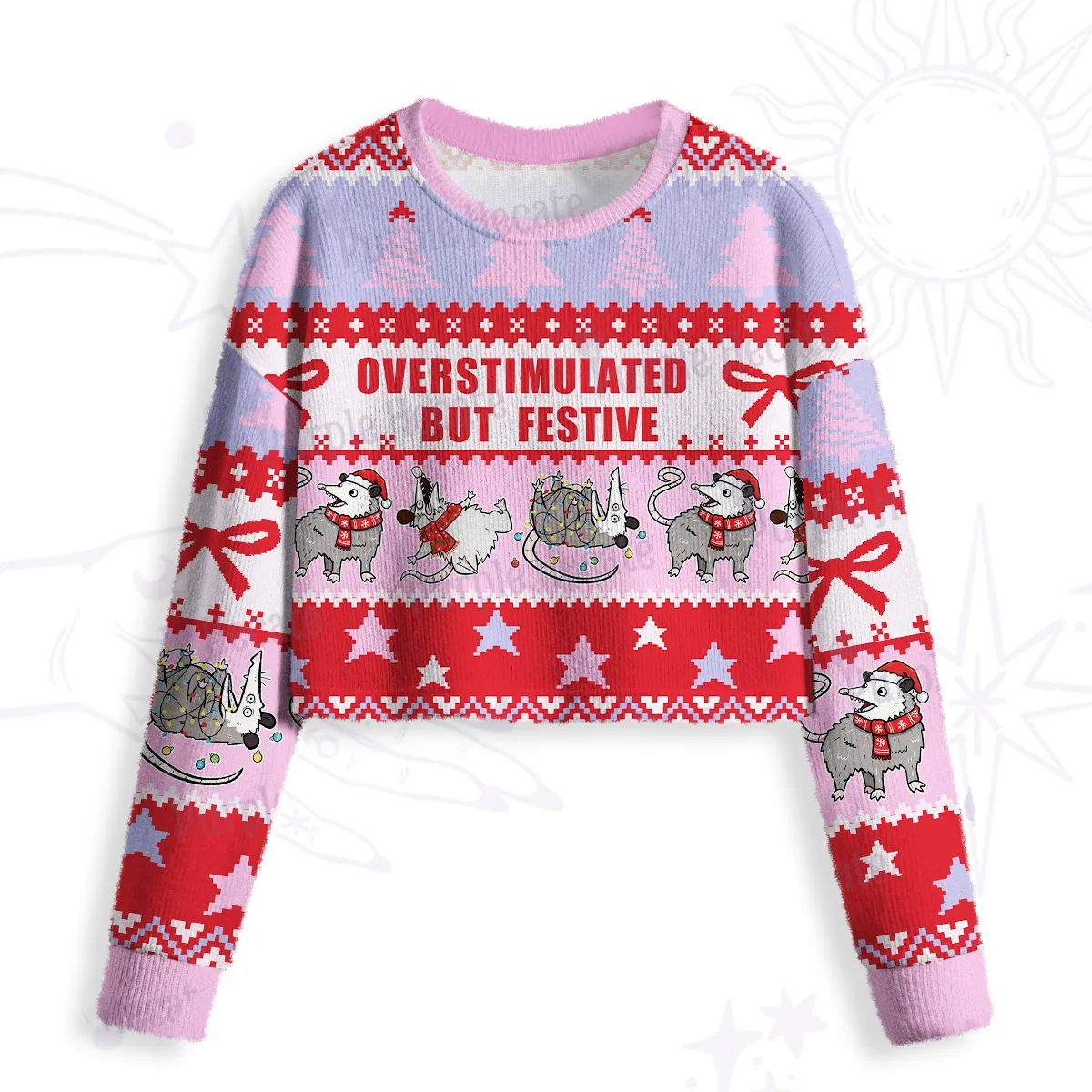 Purplehecate Overstimulated But Festive Possum Crop Fuzzy Ugly Sweatshirt